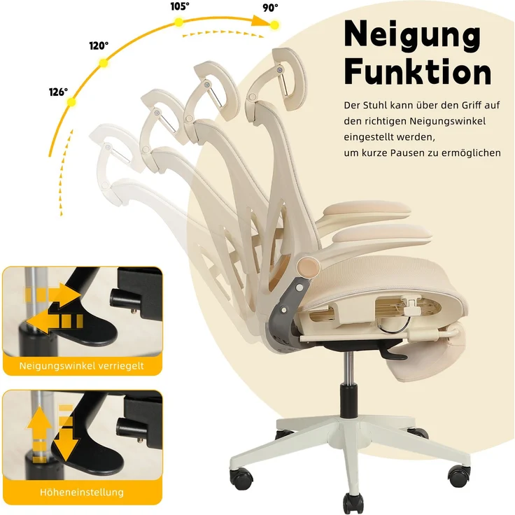 Klappbarer ergonomischer Bürostuhl, kleiner Platz-Klappstuhl mit Taillenstütze, Ganznetzschiebekissen, klappbare Armlehnen, 3D-Kopfstützen und Bürostuhl mit Arbeitspedalen,creme--Creme--129x48.5x62cm--YOUDENOVA – Bild 7