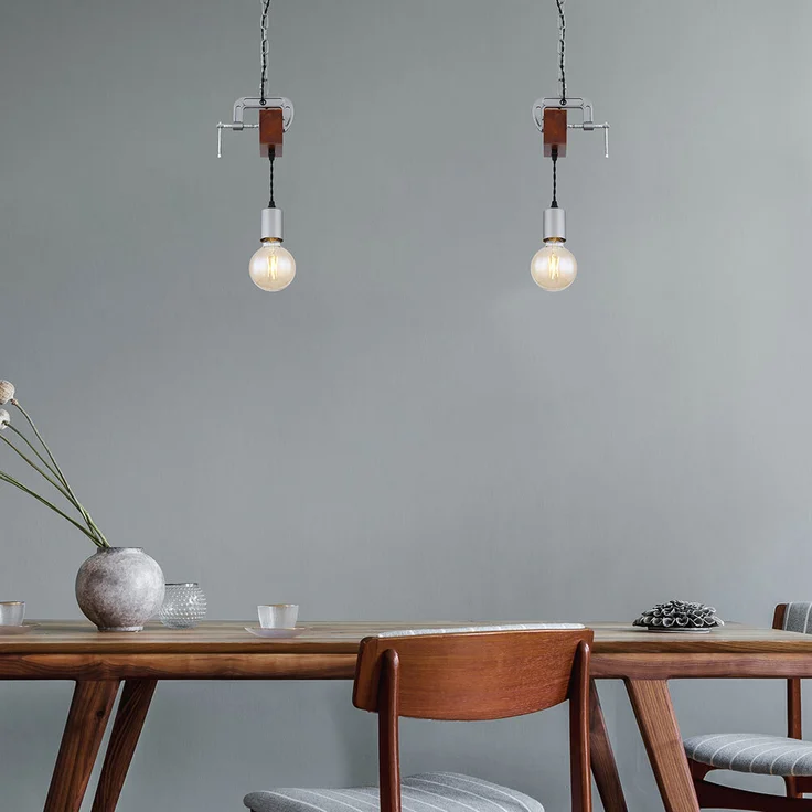 Hängeleuchte, Holz antik Metall verzinkt, Schraubzwinge, H 120cm – Bild 10