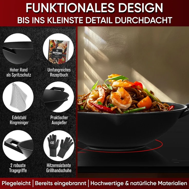 Gusseisen-Wok 35 cm massiv mit Ringreiniger 4 kg für Grill Herd & Feuerstelle robust & langlebig – Bild 6