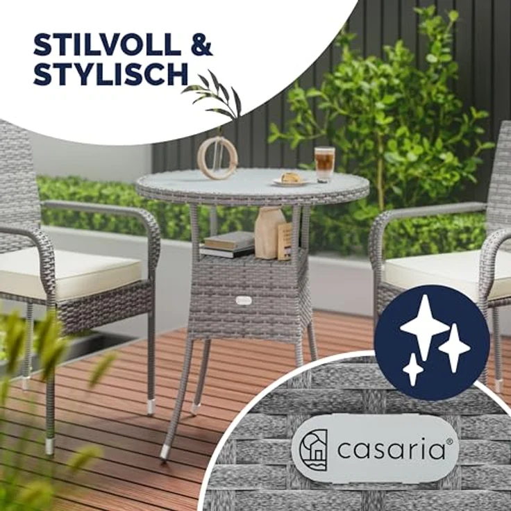 Casaria Gartentisch Ø 60 cm, Ø60cm Rund Glasplatte 80kg Belastbarkeit Wetterfest Stabil Outdoor – Bild 5