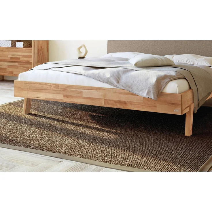 Hasena Massivholzbett Lorenzo Kernbuche mit Polster-Kopfteil, Bezug Pace Sand 100x200 cm, Fußhöhe 20 cm – Trento – Bild 4