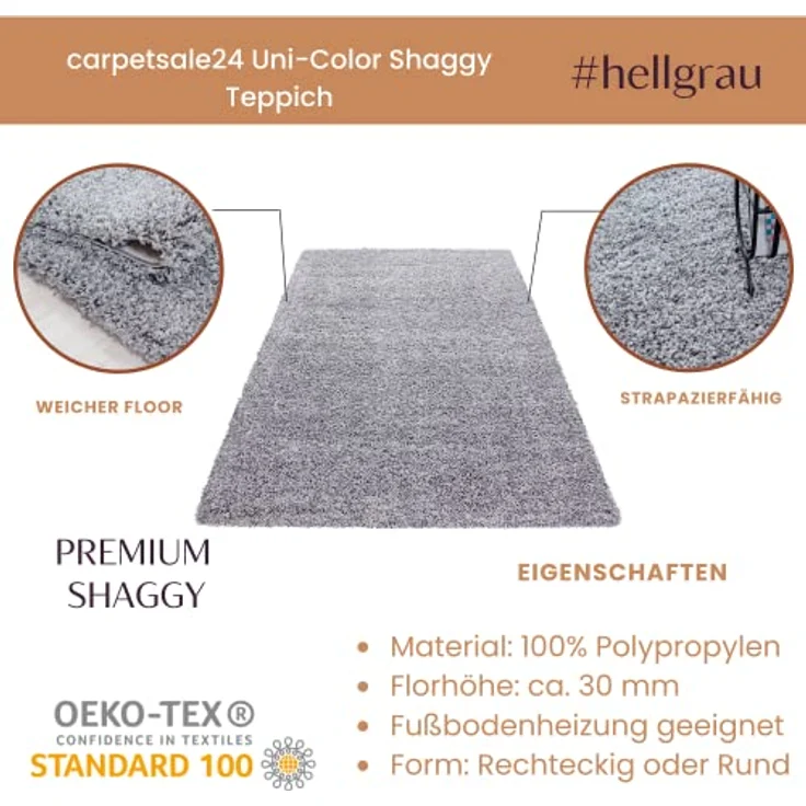 Carpetsale24 Shaggy Hochflor Teppich 60x110 cm Hellgrau weich flauschig modern einfarbig Für Flur oder kleine Räume für Wohnzimmer Schlafzimmer Flur – Bild 3