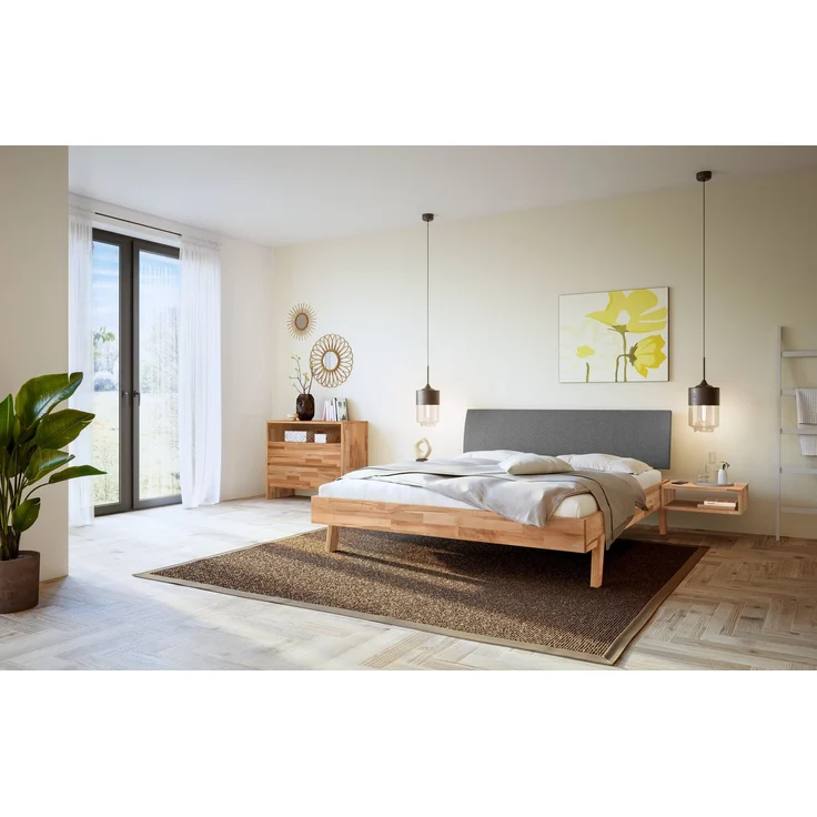 Hasena Massivholzbett Lorenzo Kernbuche mit Polster-Kopfteil, Bezug Pace Grey 140x210 cm, Fußhöhe 20 cm – Trento – Bild 2
