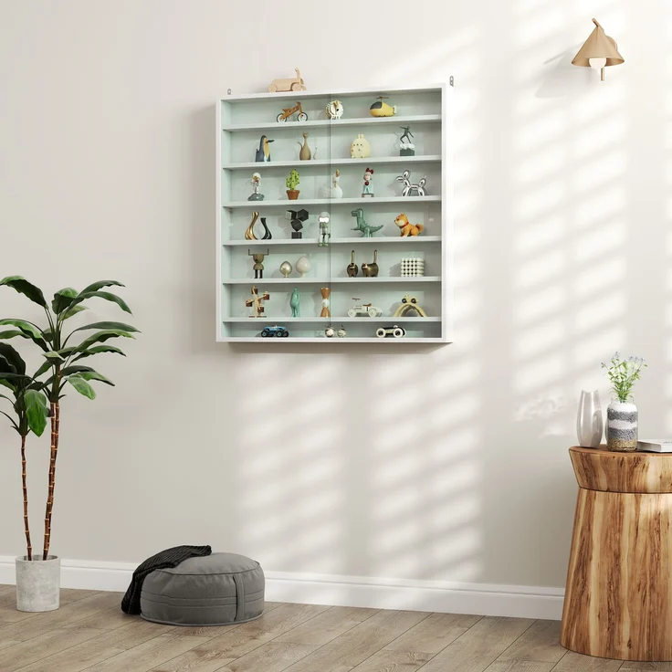 Wandvitrine für Sammlerstücke, 6 höhenverstellbare Böden, 2 Glasschiebetüren, 80 x 9,5 x 83 cm – Bild 9