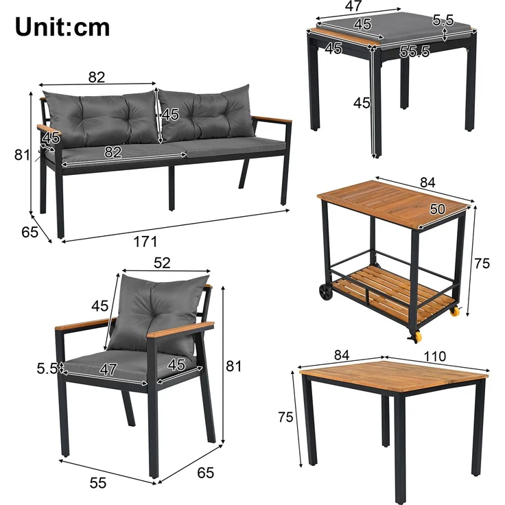 LVHOM 7-tlg. Gartenmöbel-Set, Lounge-Set für 6–7 Personen, wetterfeste Sitzgruppe inkl. Esstisch und abnehmbarem Servierwagen für Terrasse, Natur/Grau – Bild 4