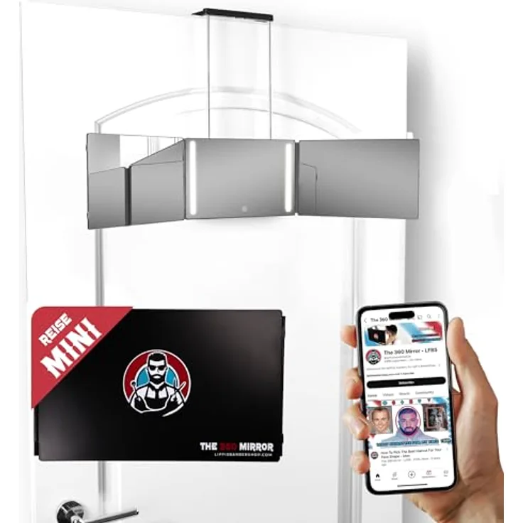 LIPFISBARBERSHOP.COM Portabler Mini 360 Grad-LED-Spiegel, Dreifachspiegel mit wiederaufladbaren LED-Leuchten und verstellbaren Haken für präzisen Selbsthaarschnitt