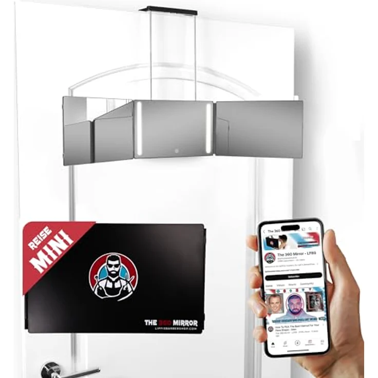 LIPFISBARBERSHOP.COM Portabler Mini 360 Grad-LED-Spiegel, Dreifachspiegel mit wiederaufladbaren LED-Leuchten und verstellbaren Haken für präzisen Selbsthaarschnitt – Bild 1