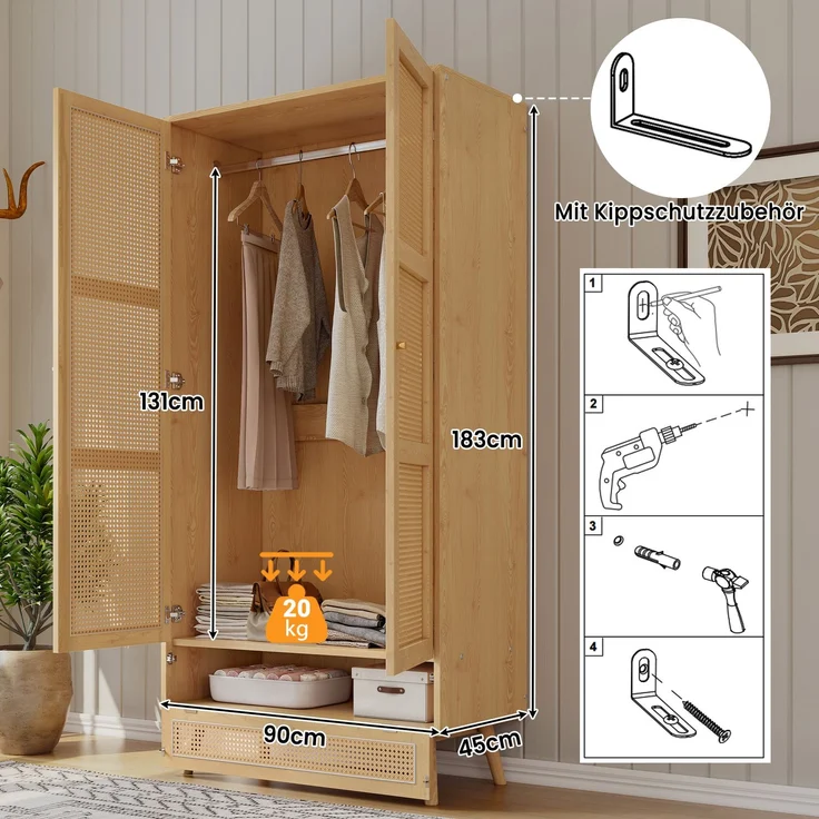 Abrihome Kleiderschrank mit 2 Türen, Rattan-Stange, Schlafzimmer, Beige, 183x145x90 cm – Bild 3