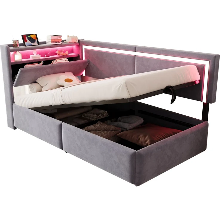 Schlafsofa, Samt mit LED & USB-Anschluss, Stauraum, 90x200 cm, Hellgrau, ohne Matratze – Bild 7