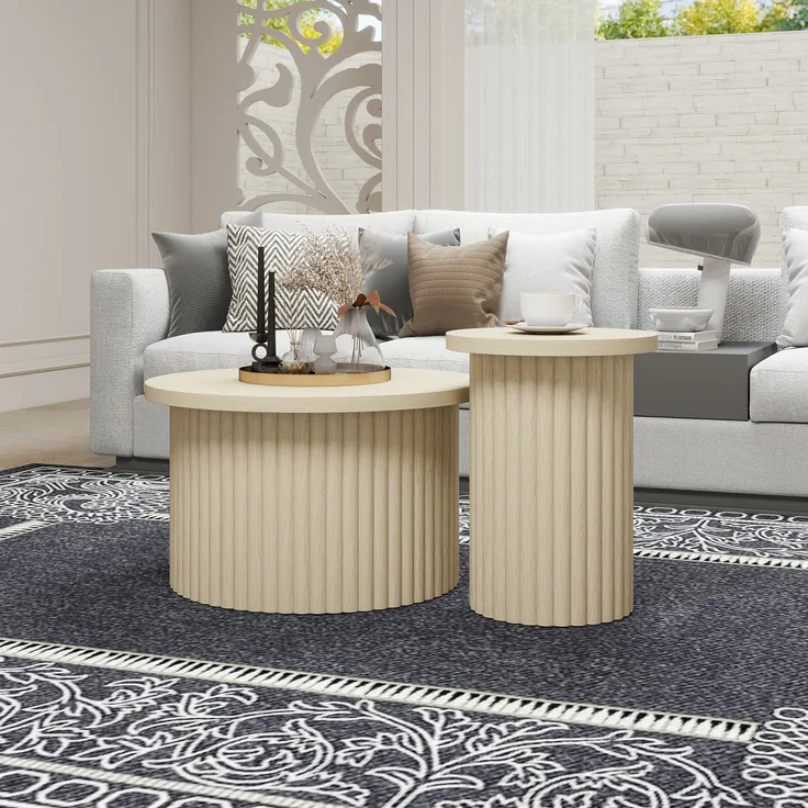 Rundes Couchtisch-Set im 2er-Pack–MDF mit natürlicher Holzoptik,Ø 68.7cm & Ø 40.1cm,stabil und modern