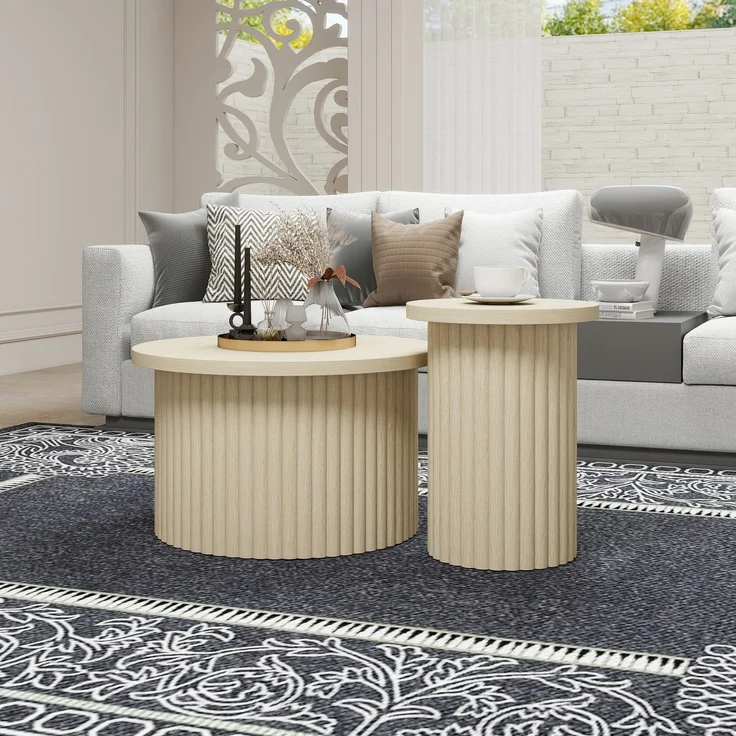 Rundes Couchtisch-Set im 2er-Pack–MDF mit natürlicher Holzoptik,Ø 68.7cm & Ø 40.1cm,stabil und modern – Bild 1