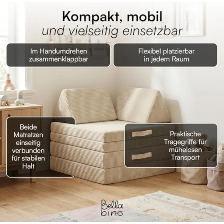 Bellabino 'Nile' Spielsofa mit Toren, 8-tlg, Cord, beige, faltbare Kindercouch, abnehmbarer & waschbarer Bezug, Kindersofa aus Schaumstoff – Bild 8