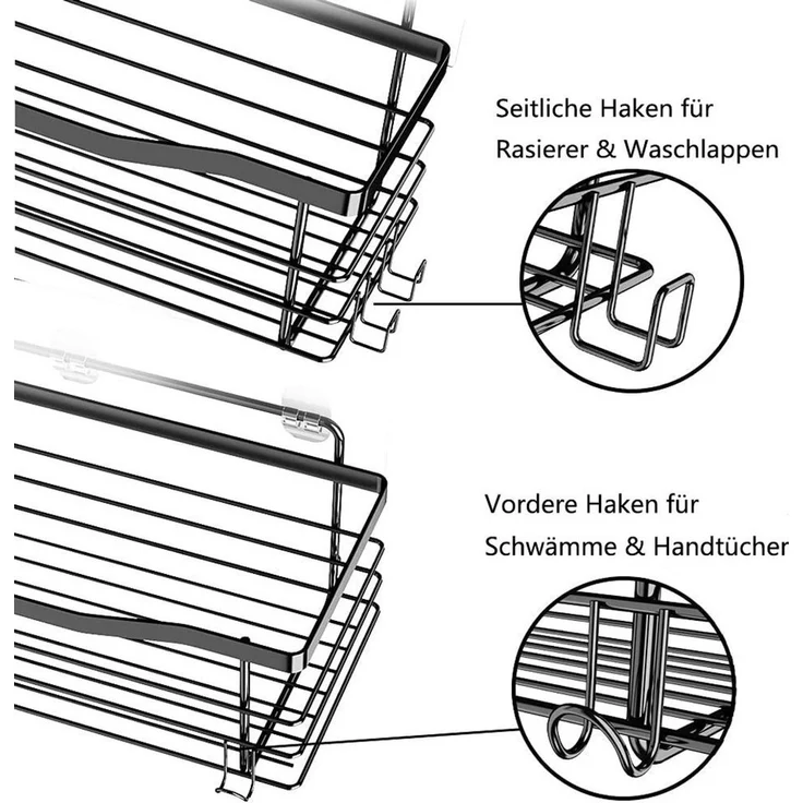 Refined Living Duschregal Duschablage ohne Bohren,Edelstahl Duschablage mit 5 Haken,2 Stück, Duschkörbe für Bad Küche Toilette,Duschregal,Badezimmer Regal Organizer,für Badezimmer, Schränke, Küchen 2-tlg, elbstklebender Duschkorb zur Aufbewahrung von B... – Bild 2