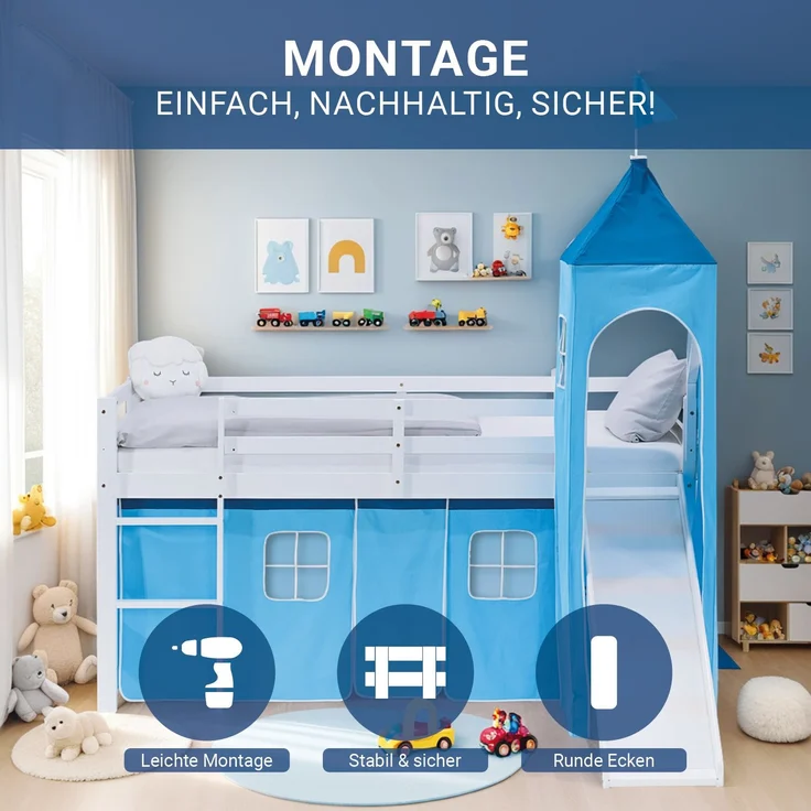 Hochbett Kinder 90x200 cm mit Rutsche Lattenrost Kinderbett Kinderhochbett Stockbett Vorhang Turm Blau – Bild 6