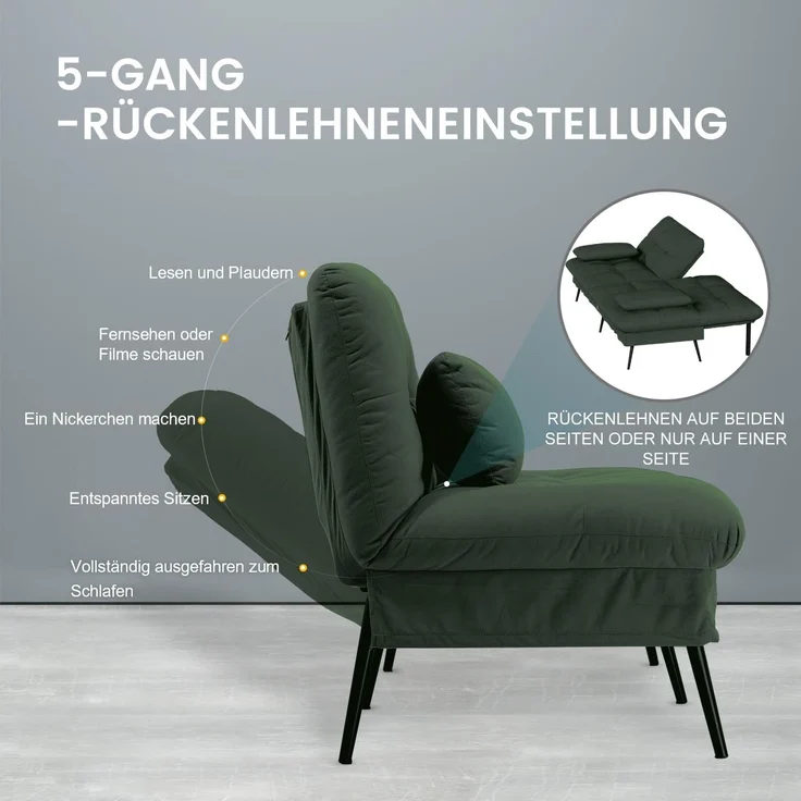 COMHOMA Sofa Schlafsofa mit Schlaffunktion, überzug Futon Klappsofa, Bettcouch, ecksofa, Couch Gästebett, 3-Sitzer Sofa, mit verstellbare Rückenlehne aus Stoff Grün – Bild 5