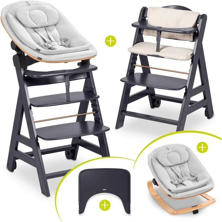 Hauck Hochstuhl Beta Plus Dark Grey Newbornset Eco - Light Grey (Set), Holz Babystuhl ab Geburt mit Neugeborenensufsatz, Sitzkissen, Essbrett