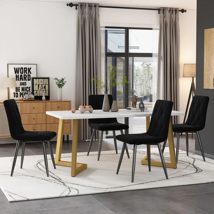 Essgruppe 5-teilig mit Esstisch 117×68 cm in Marmoroptik und 4 schwarzen Samtstühlen, moderner rechteckiger Küchentisch Set