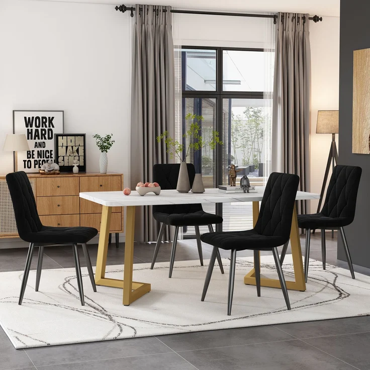 Essgruppe 5-teilig mit Esstisch 117×68 cm in Marmoroptik und 4 schwarzen Samtstühlen, moderner rechteckiger Küchentisch Set – Bild 1