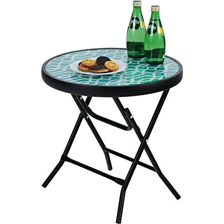 PHI VILLA Klappbar Runder Beistelltisch Glas aus Metall Gartentisch Kaffeetisch Klein Balkontisch wetterfest pflegeleicht für Balkon Garten Terrasse Wohnzimmer – Bild 1