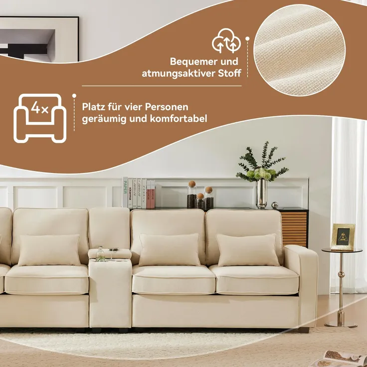 Big-Sofa, 4-Sitzer inkl. loser Zier- und Rückenkissen, Zwischentisch, USB-Anschlüssen, Polstersofa, Wohnzimmersofa, Leinen – Bild 5
