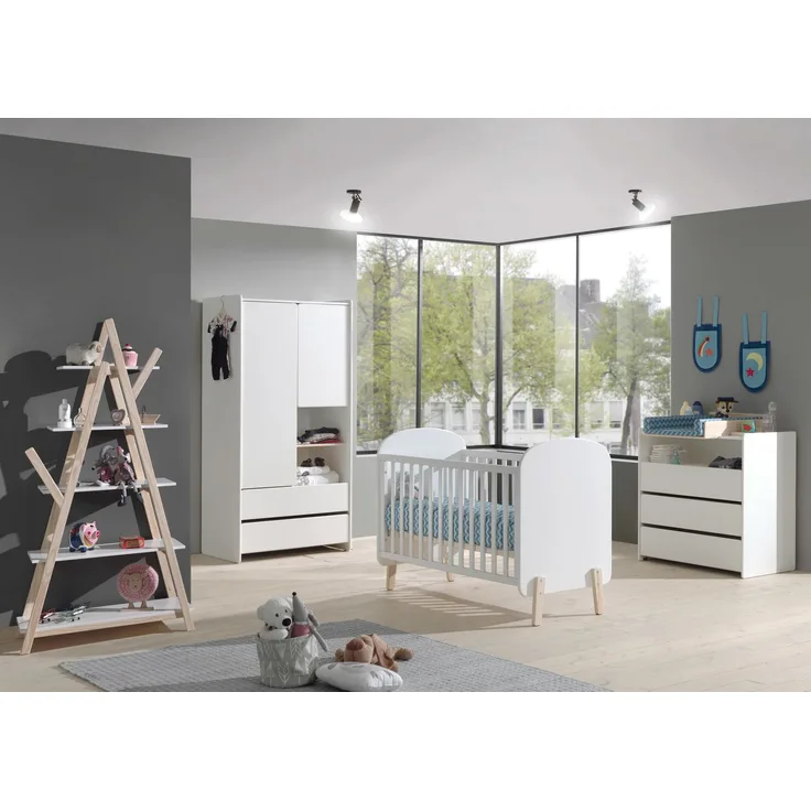 Babyzimmer Set Kiddy best. aus: Babybett 60x120 cm, Kommode, Wickelaufsatz, Regal und Kleiderschrank 2-trg., Ausf. MDF weiß lackiert