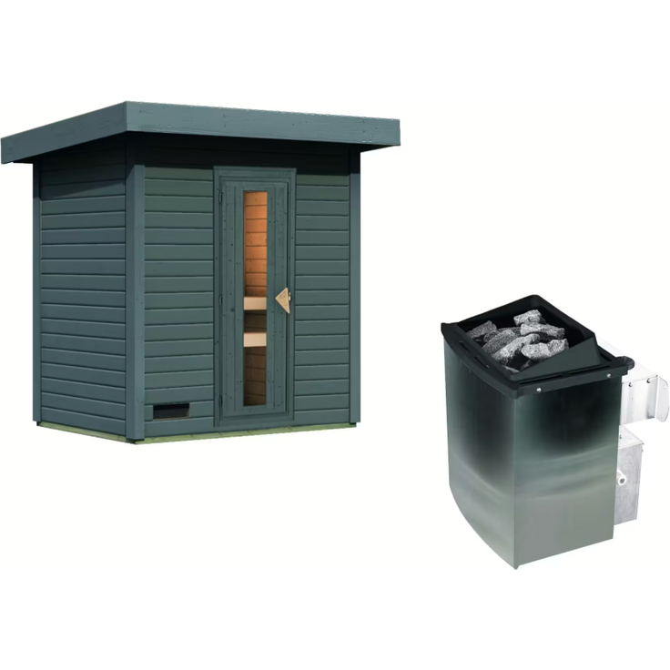 Karibu Sauna Hytti 1 terragrau mit 9 kW Ofen mit integrierter Steuerung – Bild 2