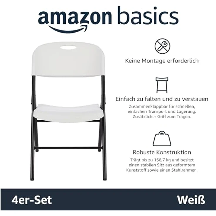 Amazon Basics Klappbarer Kunststoff-Stuhl, 157,5 kg Tragkraft, Weiß, 4er-Set – Bild 5