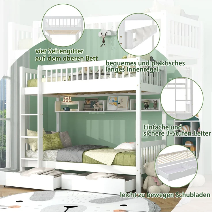 Merax Etagenbett, Kinderbett, mit 3-tufige rechtwinklige Leiter, Links oder rechts montierbare Treppe, mit Fallschutzgitter, Regale und MDF-Schubladen, Kiefernholzrahmen, Weiß, 90x200cm – Bild 5