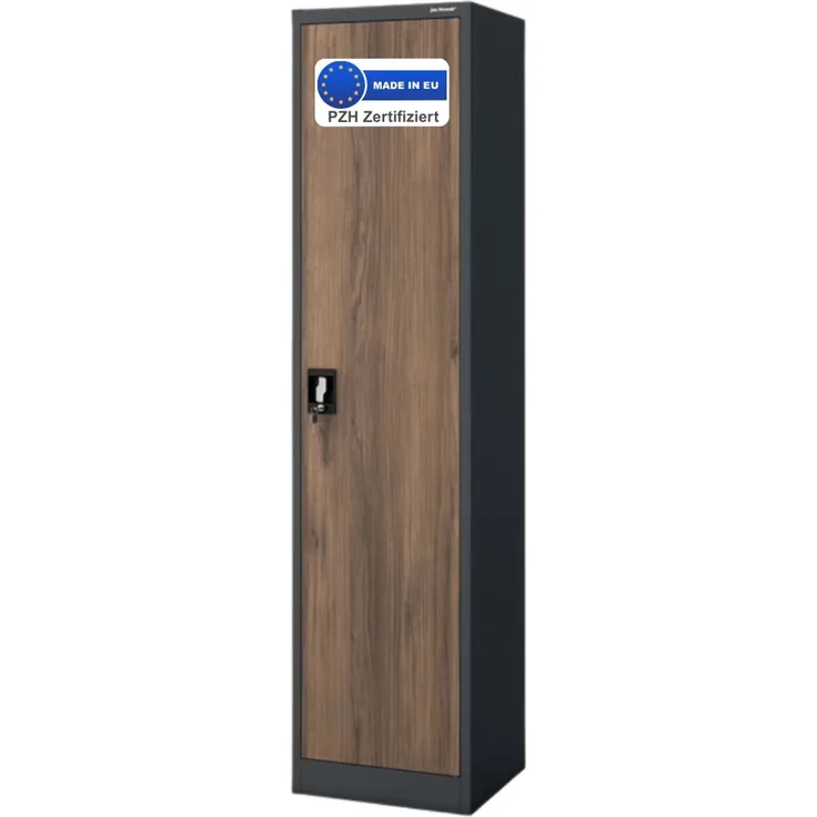 Aktenschrank abschließbar KADO - 5 Ebenen verstellbar, Flügeltüren | Metallschrank Werkstatt Mehrzweckschrank Büroschrank aus Stahl Werkzeugschrank, 185x45x40cm Anthrazit-Nussbaum