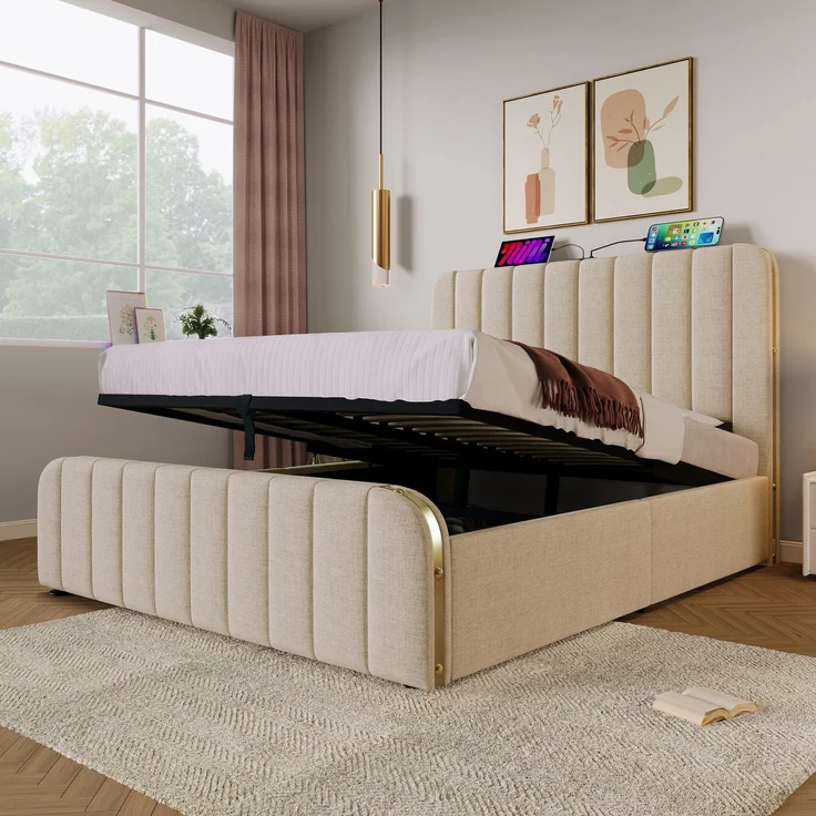 Polsterbett 140x200 cm Beige mit Kopfteil,USB Typ-C Ladeanschluss & hydraulischem Stauraum,Metallrahmen mit goldenen Akzenten – Bild 4