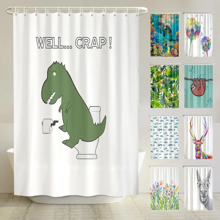 arteneur® - Lustiger Dinosaurier - Anti-Schimmel Duschvorhang 180x200 - Öko-Tex Standard 100 - Beschwerter Saum, Blickdicht, Wasserdicht, Waschbar, 12 Ringe
