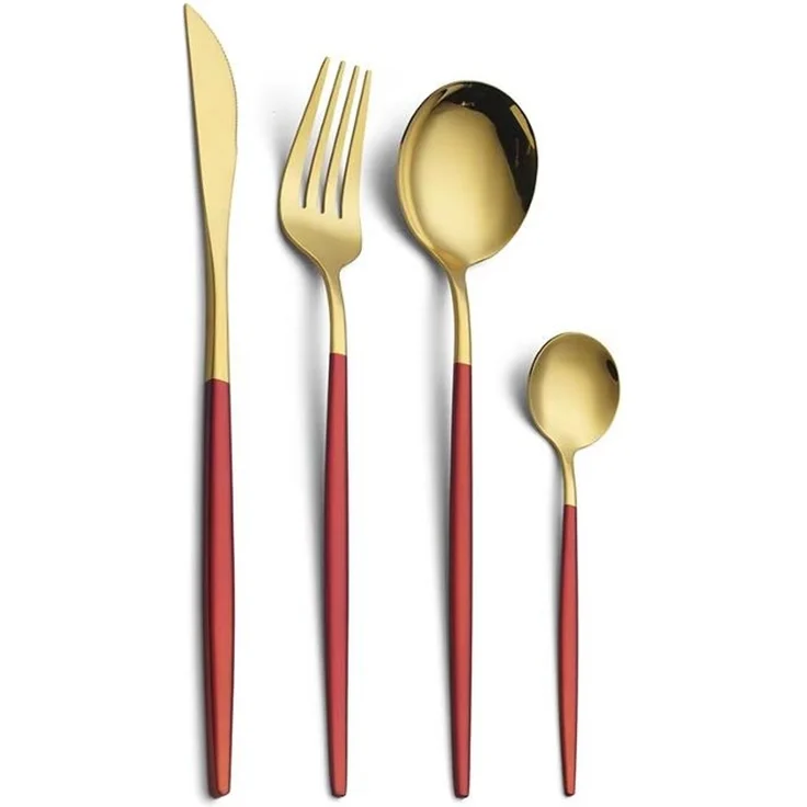 24 teiliges Besteck-Set aus hochwertigem Edelstahl für 6 Personen - Rot/Gold – Bild 3