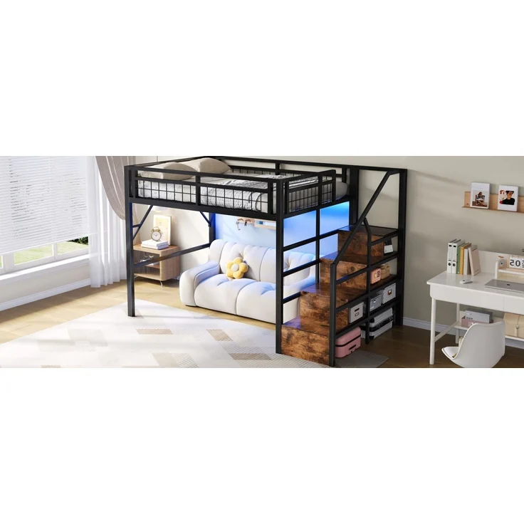 CHICFURN Hochbett Metall Schwarz 140x200 cm mit LED-Beleuchtung und Stauraumtreppe – Bild 4
