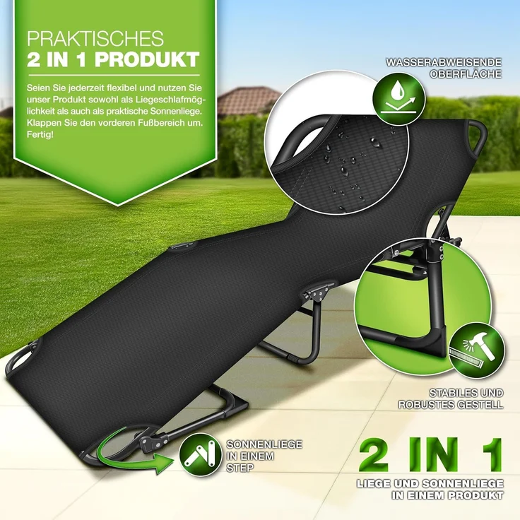 tillvex® Campingbett klappbar Schwarz mit Seitentasche & Nackenkissen bis 280 kg | Campingliege Sonnenliege mit Polster | Feldbett Outdoor & Indoor | Klappbett Gästebett faltbar Garten Camping Festival Reise – Bild 3