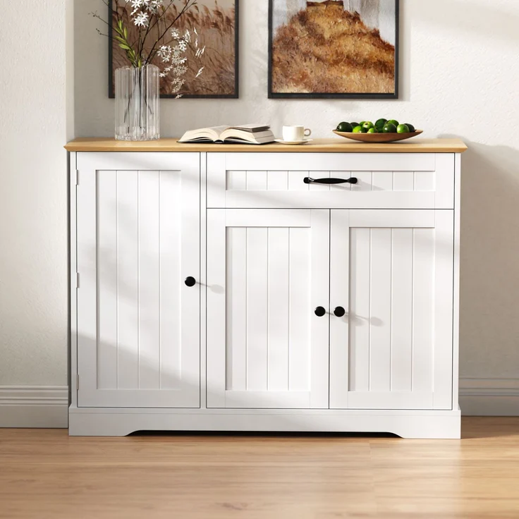 Modernes, elegantes Sideboard mit 3 Türen und einer Schublade, Buffetschrank für Esszimmer, Wohnzimmer und Diele (Weiß+Natur) – Bild 1