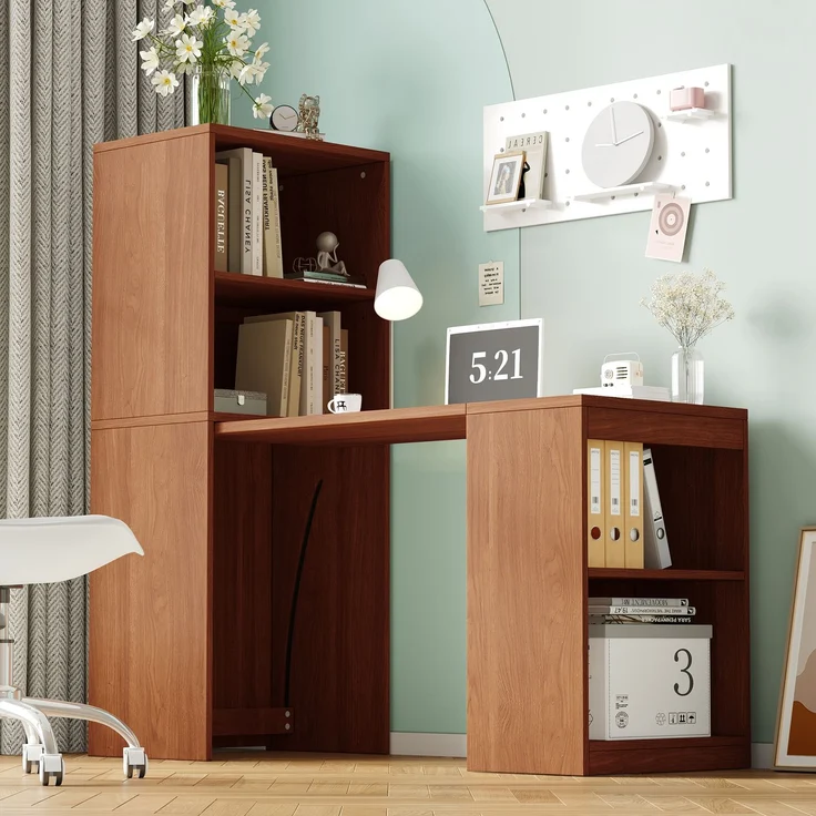 Flieks Klapptisch 130 x 51 x 137 cm, 2-in-1 Schreibtisch und Bücherregal mit 4 Fächern und Rollen, Nussbaumoptik – Bild 2