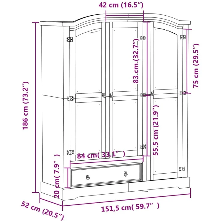 vidaXL Kleiderschrank Corona 151,5x52x186 cm Massivholz Kiefer 4012160 – Bild 8