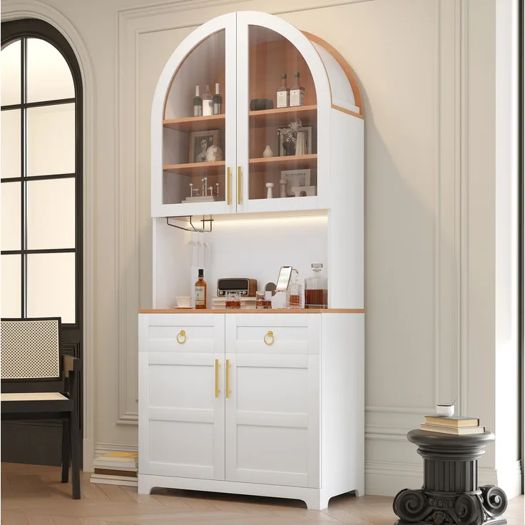 Hochschrank 80 x 40 x 180 cm in Weiß mit Glasvitrine, Schubladen und LED-Beleuchtung