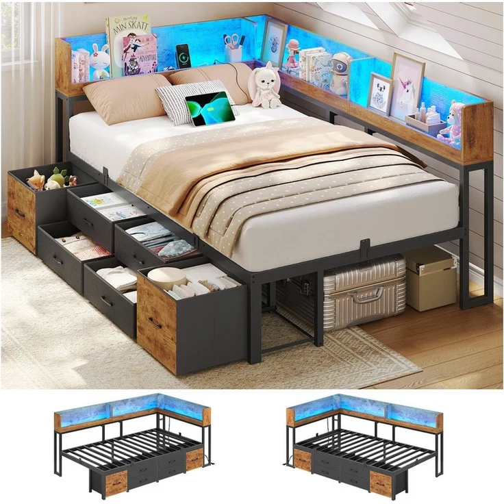 MSMASK Daybett Schlafsofa mit LED-Beleuchtung & Ladestation, Jugendbett Kinderbett, mit Integriertem Bücherregal & 6 Schubladen, 90x200cm – Bild 5