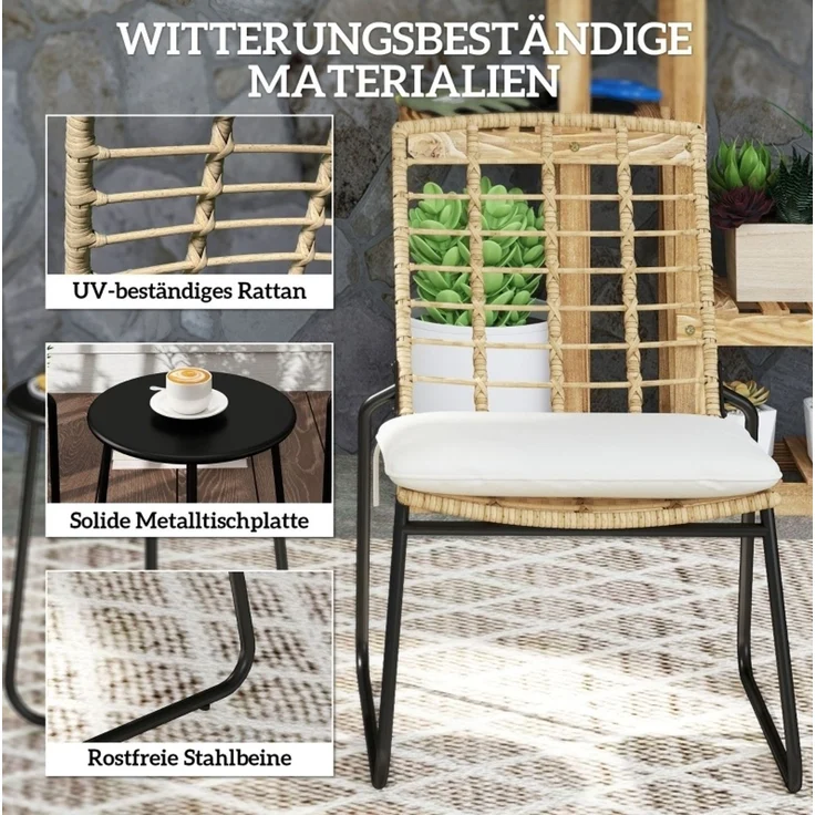 Hauss Spole Balkonmöbel-Set 3-teilig, stapelbare Stühle und Tisch aus Polyrattan, Beige, 56x67x78 cm – Bild 3