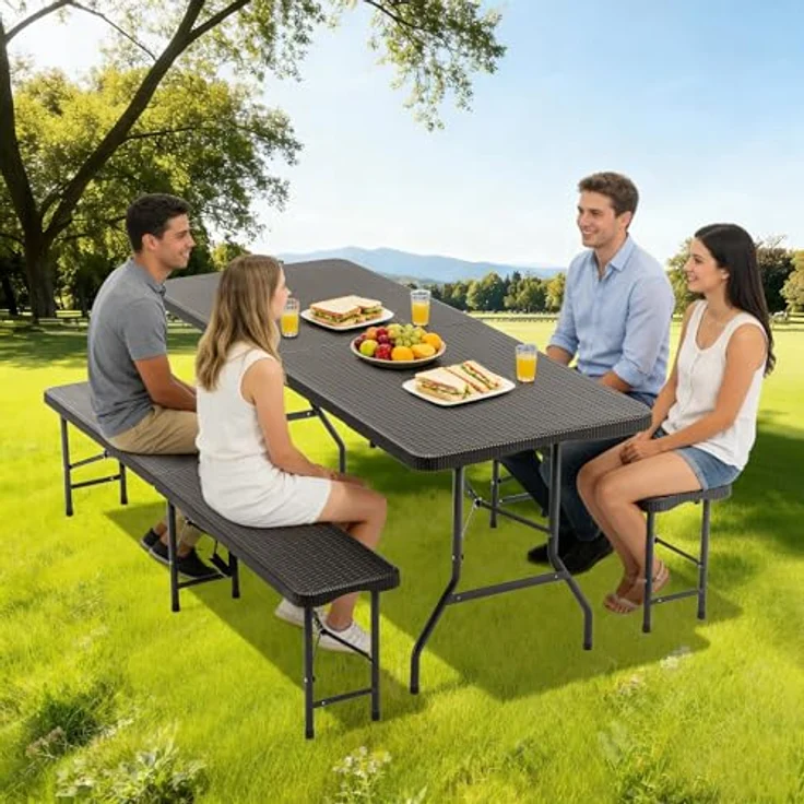 Ball & Cast Bierzeltgarnitur 3-teilig, Biertisch Klapptisch mit 2 Sitzbänken, Bierzeltgarnitur Klappbar Kunststoff, 180 cm, Schwarz – Bild 4