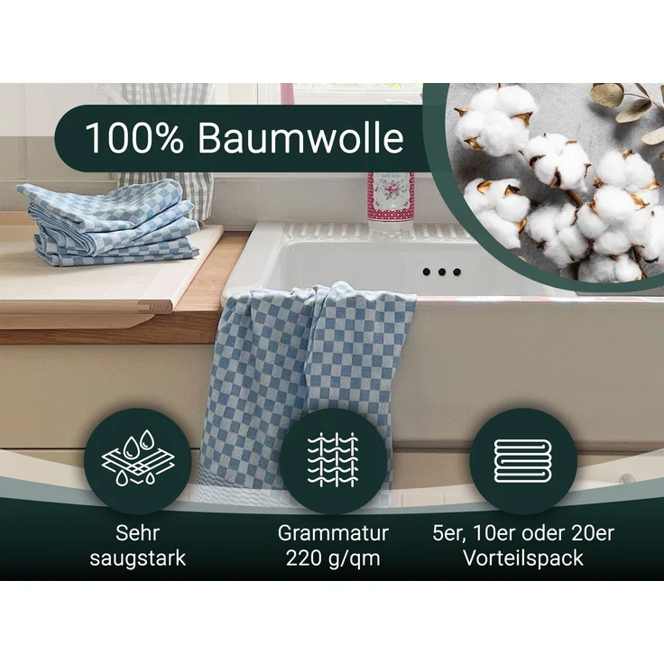 ZOLLNER 10er Set Geschirrtücher, 100% Baumwolle, 46x70 cm, saugstark, blau kariert – Bild 2