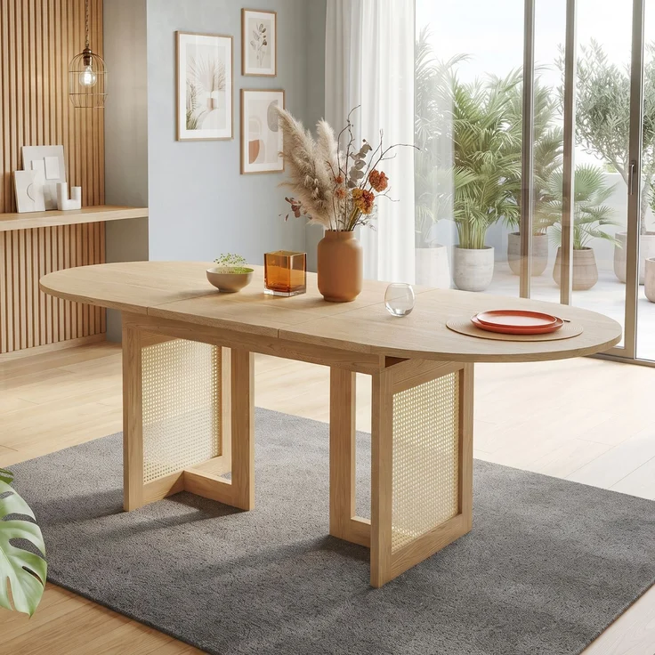 Ausziehbarer Esstisch 150/200 * 90 cm, geeignet für 6–8 Personen,Esstisch mit abgerundeten Ecken, verdickte Tischplatte, ausziehbarer Esstisch im einfachen Stil, Tischbeine aus Rattan, Eichenfarbe – Bild 4