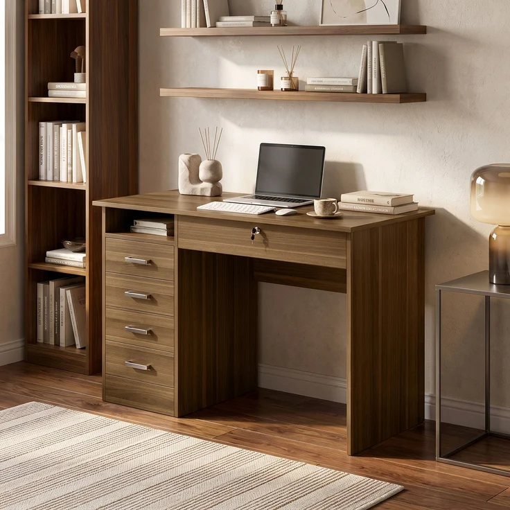 Schreibtisch mit 5 Schubladen, 110 x 50 cm, Schreibtisch mit Stauraum, offenes Regal, abschließbare Schublade, Nussbaum – Bild 3