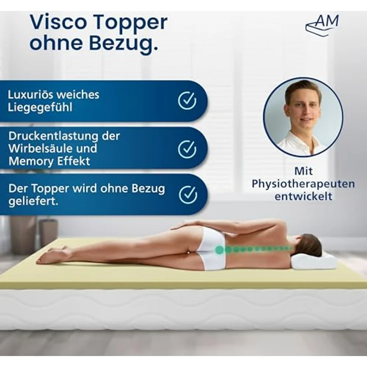 AM Qualitätsmatratzen Viscoschaum Topper 90x200cm, viscoelastische Matratzenauflage aus Memory Foam, druckentlastend, Made in Germany – Bild 2