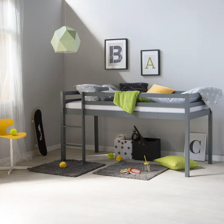 Hochbett mit Lattenrost Leiter 90x200 cm Kinderbett Grau Holz Kiefer Massiv Stockbett