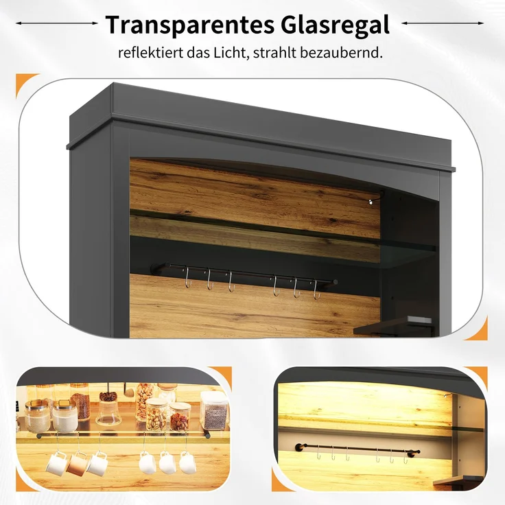 Küchenschrank, hoher Küchenschrank (107x43x184 cm), Vitrine, Anrichte, Anrichte mit LED-Beleuchtung, offenes Regal, schwarz--Schwarz--107x43x184cm--YOUDENOVA – Bild 7