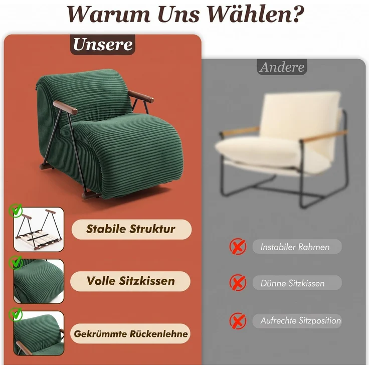 LVHOM Relaxsessel mit Lattenrost, ergonomischer Fernsehsessel, gepolsterter Loungesessel mit Armlehnen, XXL Lesesessel für Wohn- und Schlafzimmer, Cord Grün – Bild 5