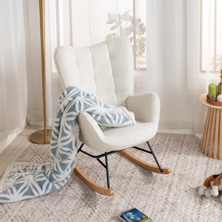 MEUBLE COSY Schaukelstuhl Sessel Schaukelsessel Stillstuhl Schwingstuhl mit Armlehnen Gepolsterter Sitzfläche für Wohnzimmer Schlafzimmer, Balkon, Sherpa und Holzkufen, Bis 120 kg Belastbar, Beige – Bild 3