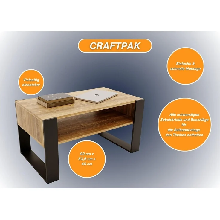 CraftPAK Wohnzimmertisch Wohnzimmer Tisch KARO92 Couchtisch 53T x 92B x 45H cm – Bild 2